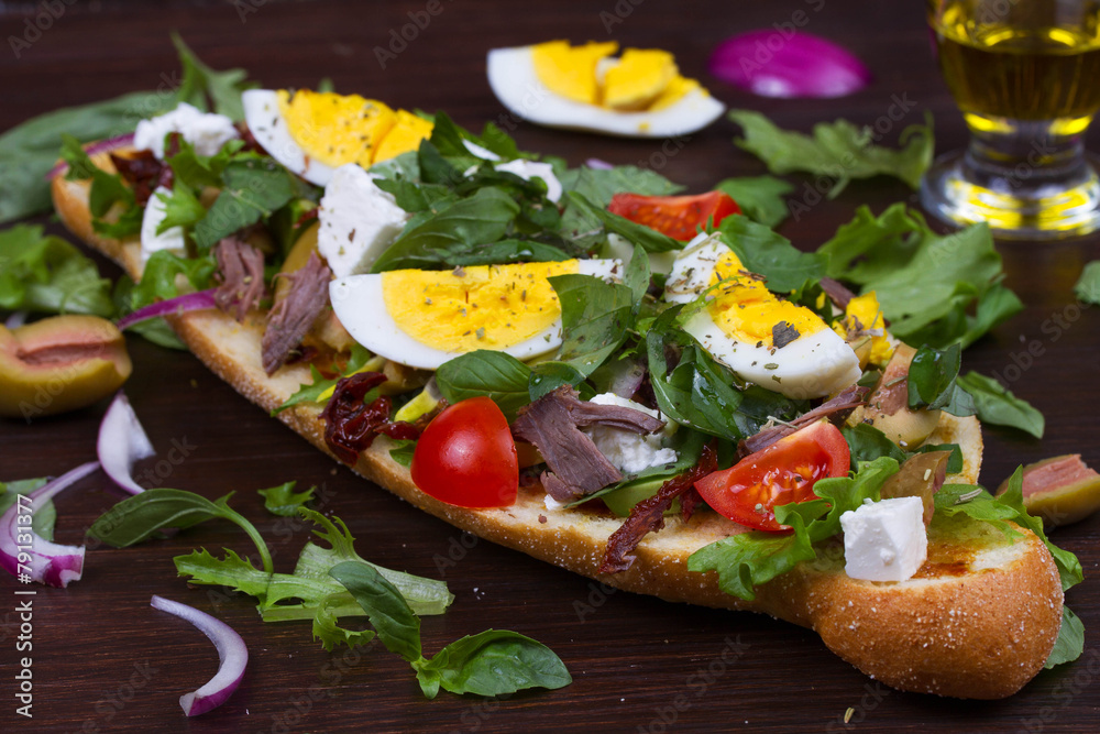 Greek Steak Salad on Bread with Eggs and Feta Greek Steak Salad on Bread with Eggs and Feta