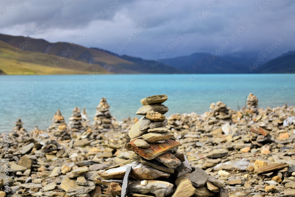 Mani stone heaps at Namtso Lake, Tibet
