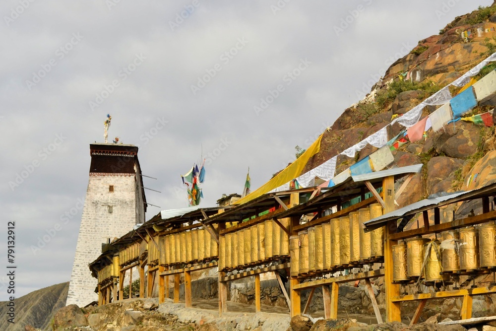 Prayer wheels around monastery in Shigatse, Tibet