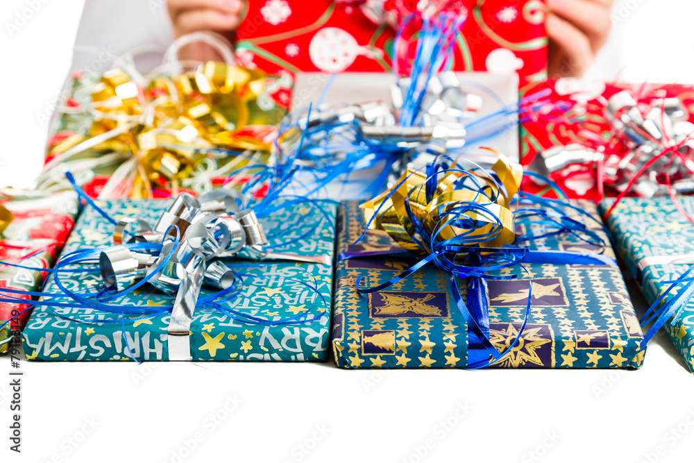 Christmas gifts with colorful packages and ribbons