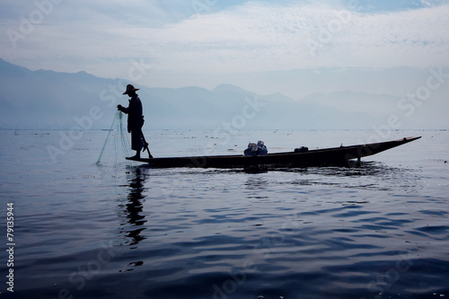 Fishermen in Inle lakes sunset, Myanmar.