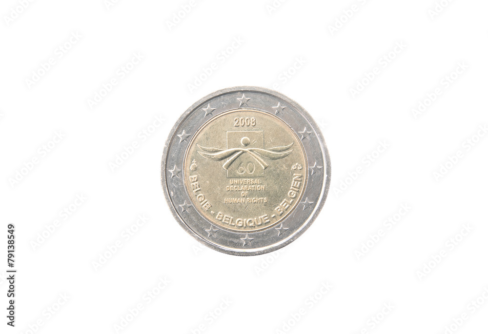 Commemorative 2 euro coin of Belgium minted in 2008 over white Commemorative 2 euro coin of Belgium minted in 2008 over white