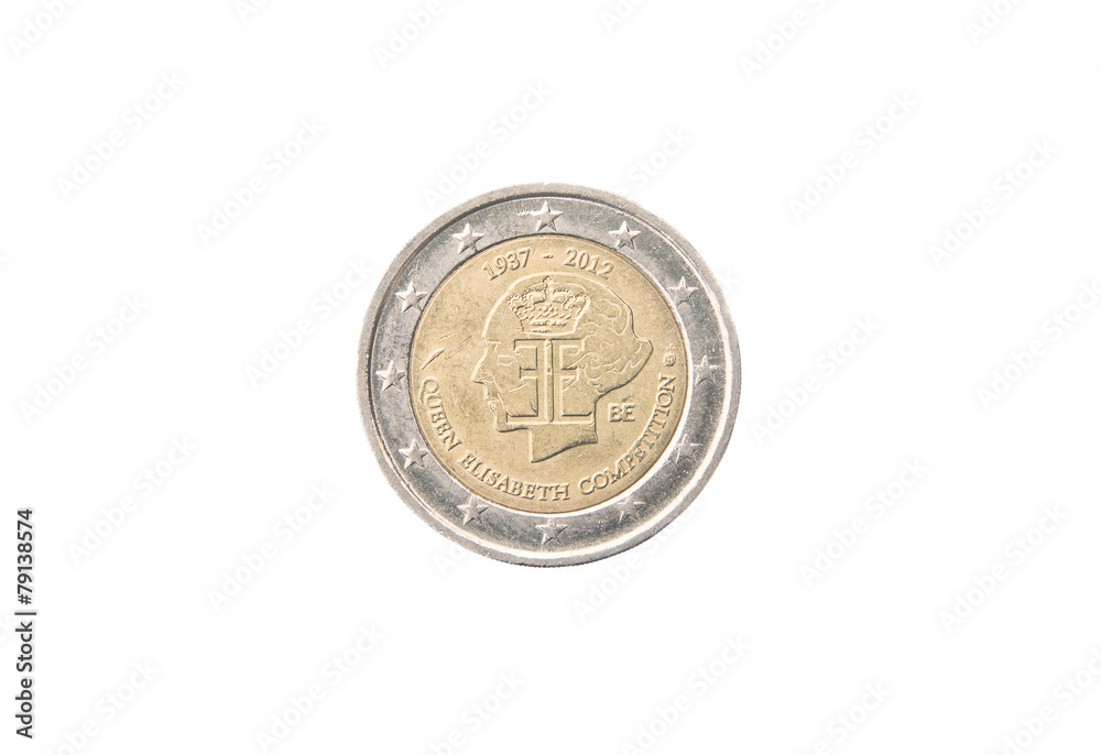 Commemorative 2 euro coin of Belgium minted in 2012 over white Commemorative 2 euro coin of Belgium minted in 2012 over white
