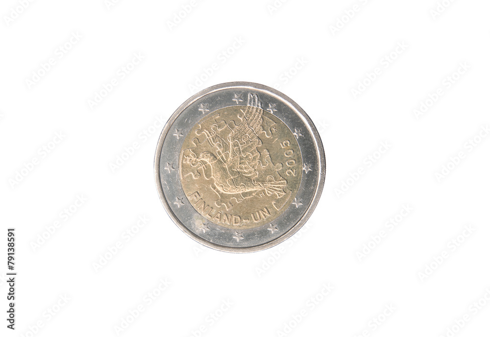 Commemorative 2 euro coin of Finland minted in 2005 over white Commemorative 2 euro coin of Finland minted in 2005 over white