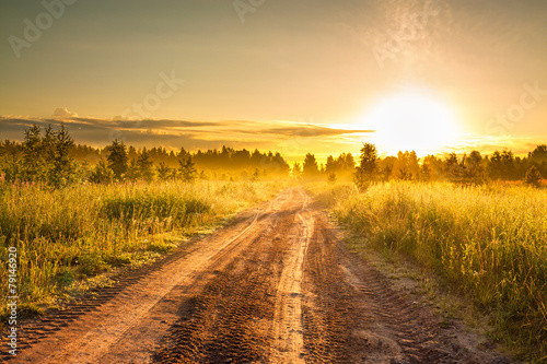 summer rural landscape with sunrise  and the road