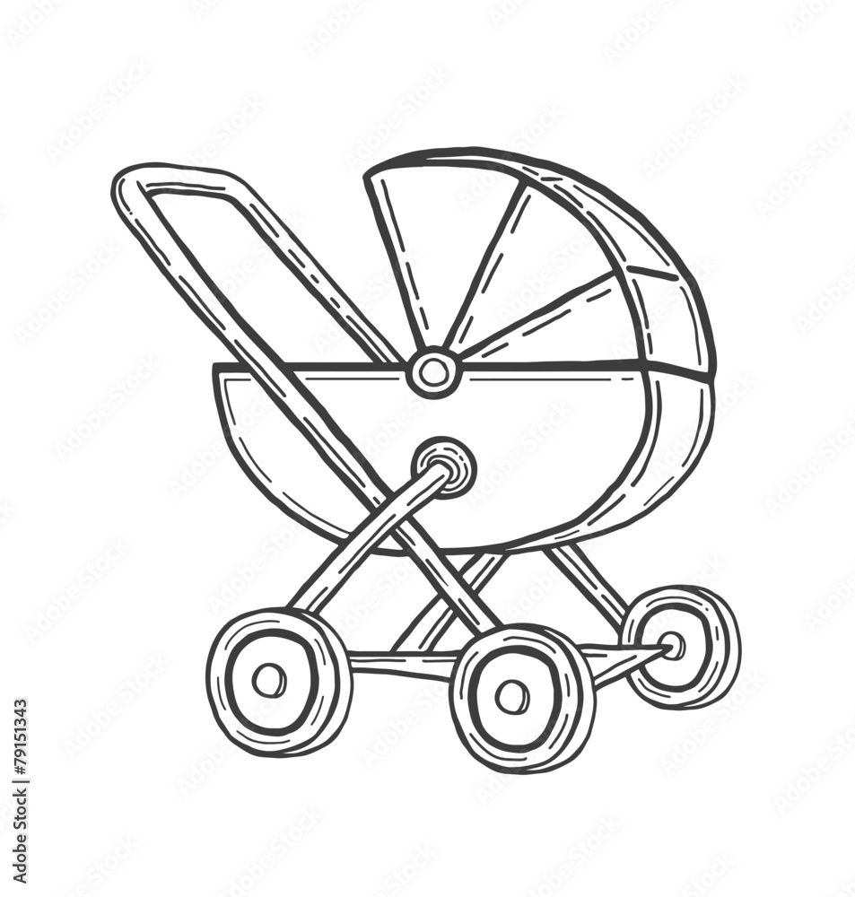Hand drawn babys pram in black vector Hand drawn babys pram in black vector