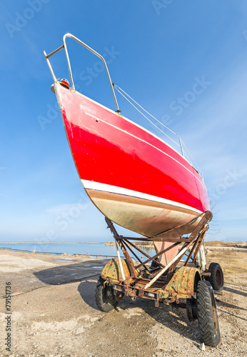 Red yacht docked in harbor of the Baltic Sea, Latvia