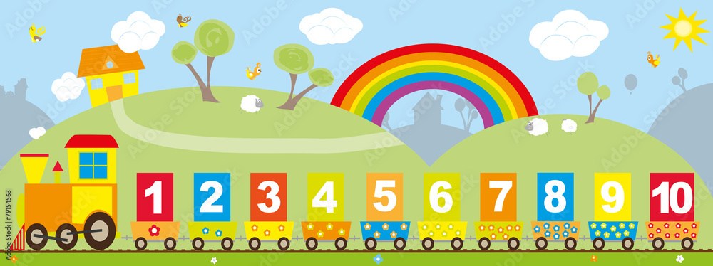 Numbers train on colorful bakcground with the rainbow