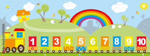 Numbers train on colorful bakcground with the rainbow #79154563