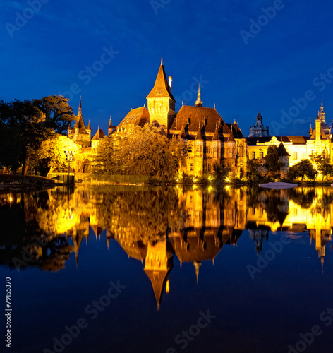 Vajdahunyad Castle is reflected in water, Budapest