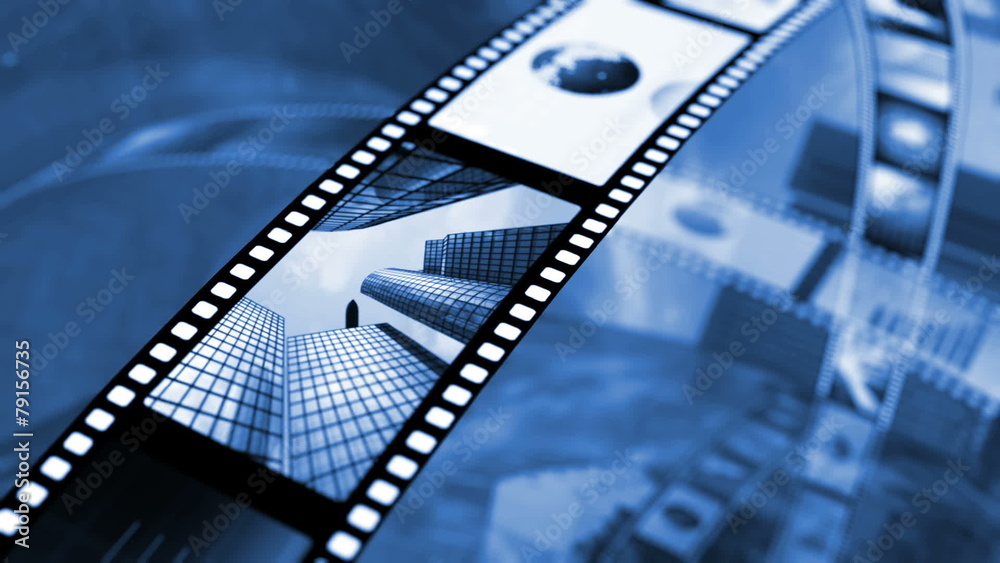 Animated rotating film reels. Black and blue