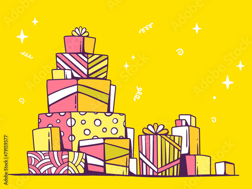 Vector illustration of large pile of pink and yellow gifts stand
