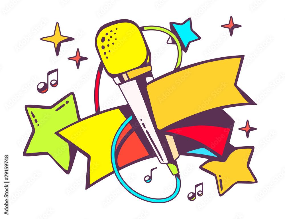 Fototapeta premium Vector illustration of colorful microphone with ribbon on white