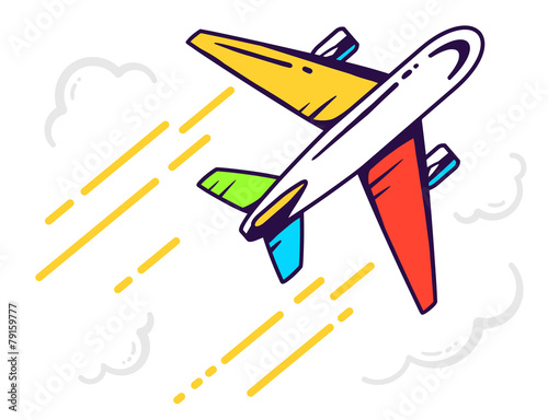 Vector illustration of colorful airplane flying right up among t