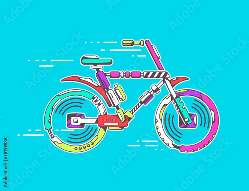 Vector illustration of bicycle moving fast on bright blue backgr