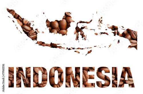 Indonesia map and word coffee beans isolated on white