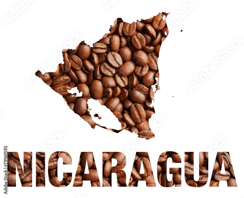 Nikaragua map and word coffee beans isolated on white photo
