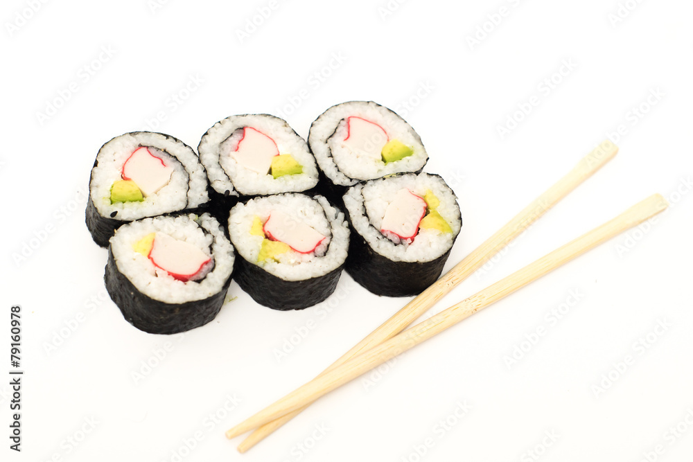 hosomaki sushi portion of six pieces with surimi, avocado, on white background hosomaki sushi portion of six pieces with surimi, avocado, on white background
