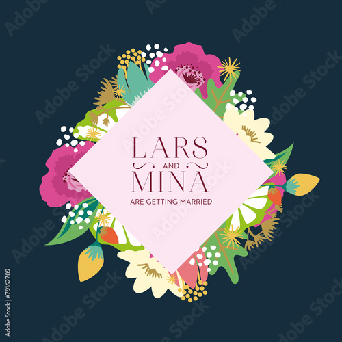 wedding invitation with floral background and banner. Vector.