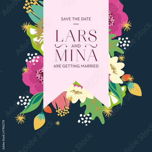 wedding invitation with floral background and banner. Vector.