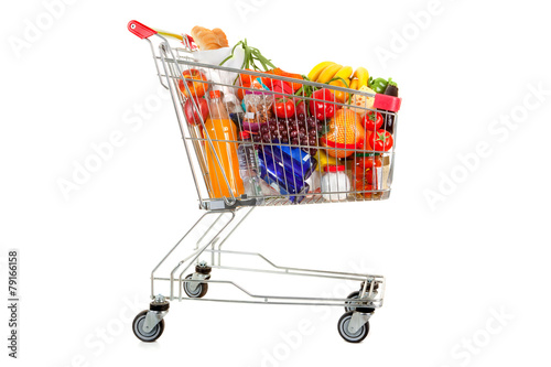 Shopping Trolley of Food on White Background.