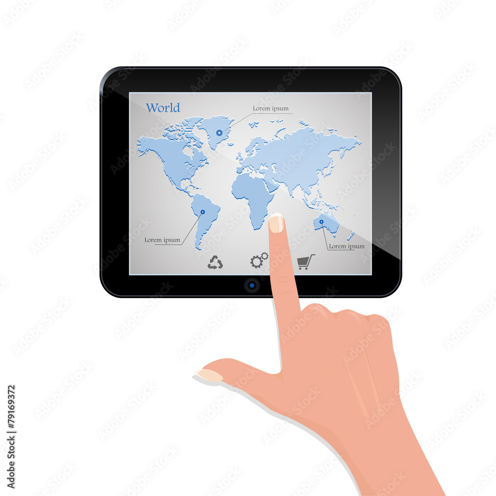 Hand touching blank screen of tablet computer. Hand touching blank screen of tablet computer.