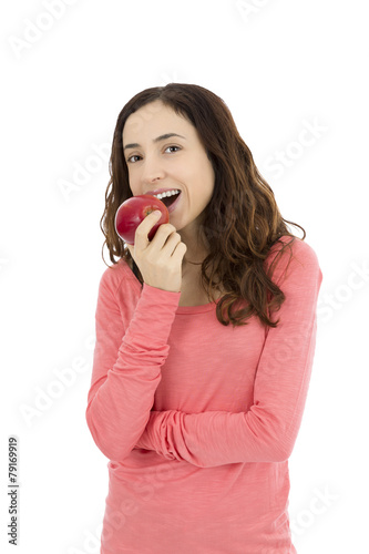 Woman biting a red apple, healthy eating symbol