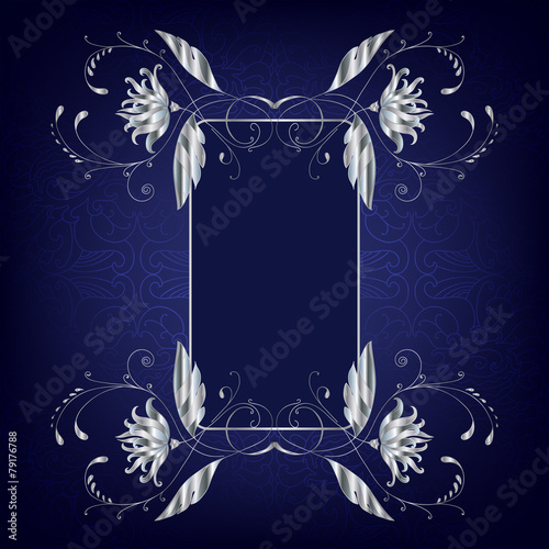 Silver frame with flowers and curls on a blue background