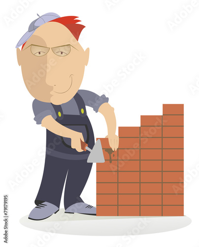 Smiling bricklayer makes the brickwork
