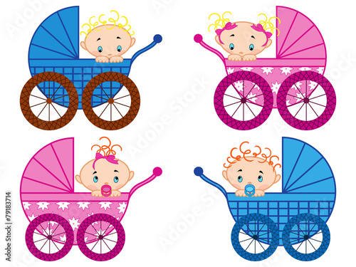 Four strollers with baby-boys and baby-girls