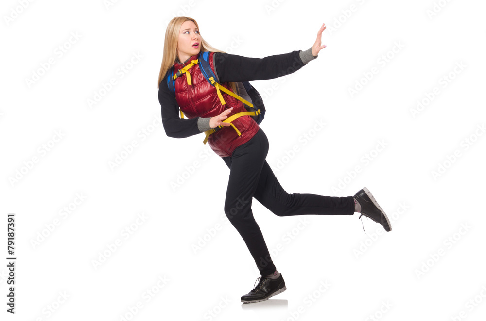 Young woman student with backpack isolated on white Young woman student with backpack isolated on white