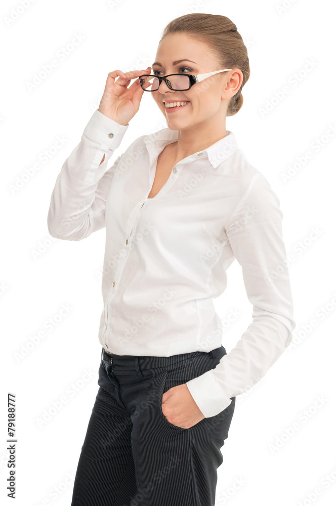 Young smiling woman in a white shirt and glasses against white b Young smiling woman in a white shirt and glasses against white b