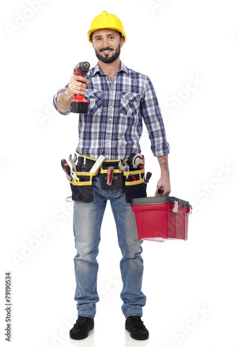 Carpenter with toolbox and drill © goir