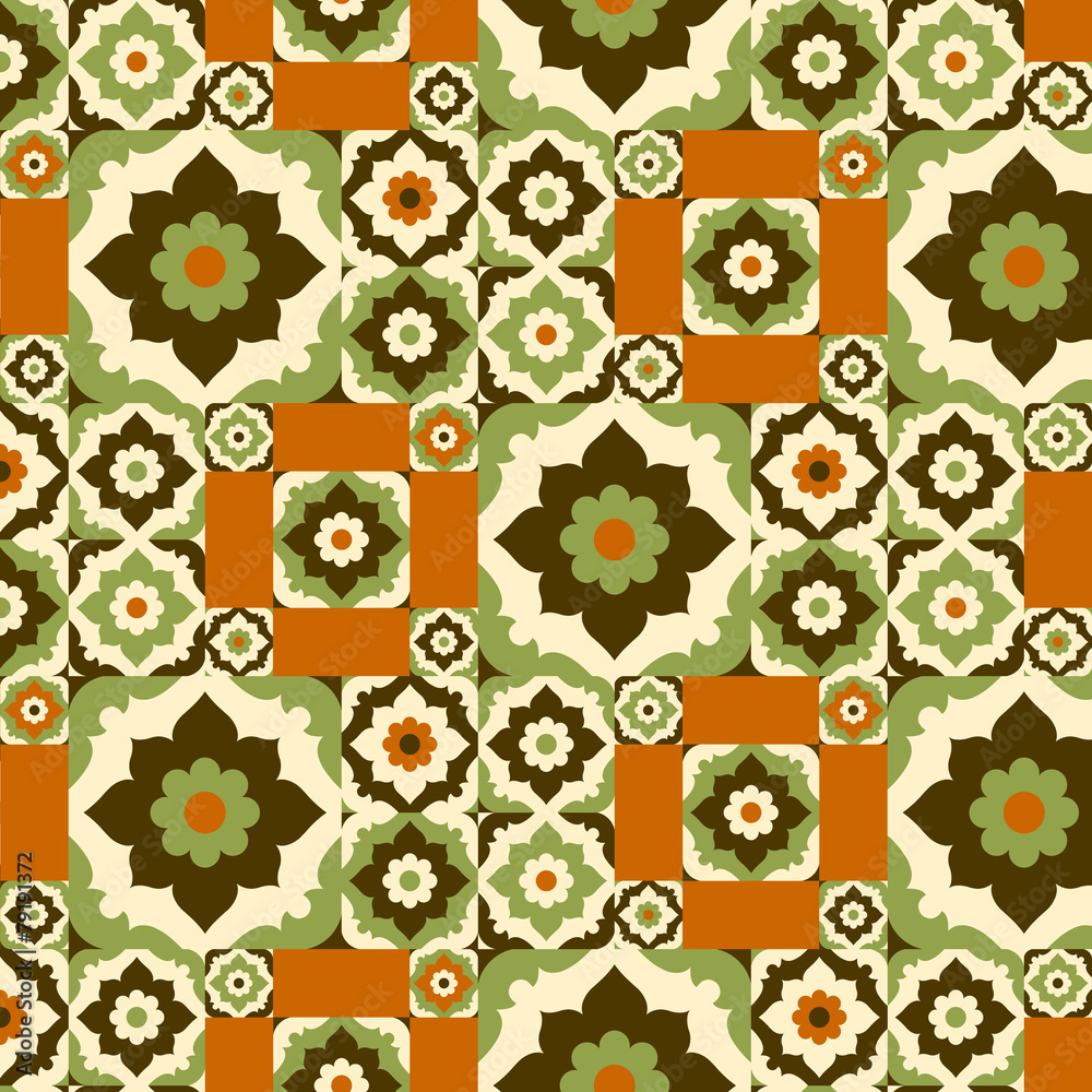 Seamless pattern retro ceramic tile design with floral ornate.
