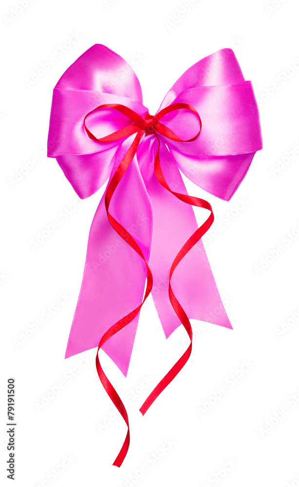 pink bow with red ribbon made from silk