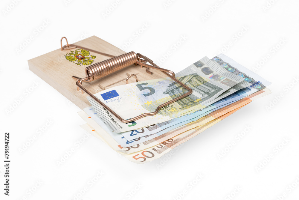 Russian mouse trap with Euro bill isolated with clipping path