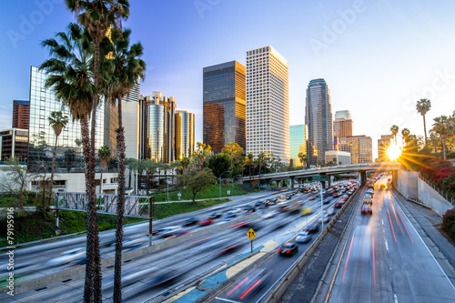Fotografering Los Angeles downtown buildings skyline highway traffic