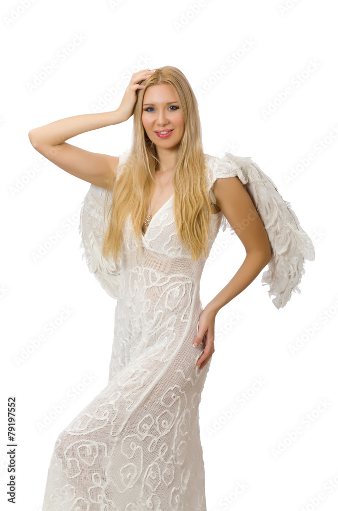 Woman with angel wings isolated on white