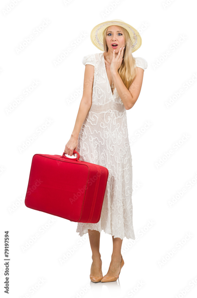 Woman with red suitcase isolated on white Woman with red suitcase isolated on white