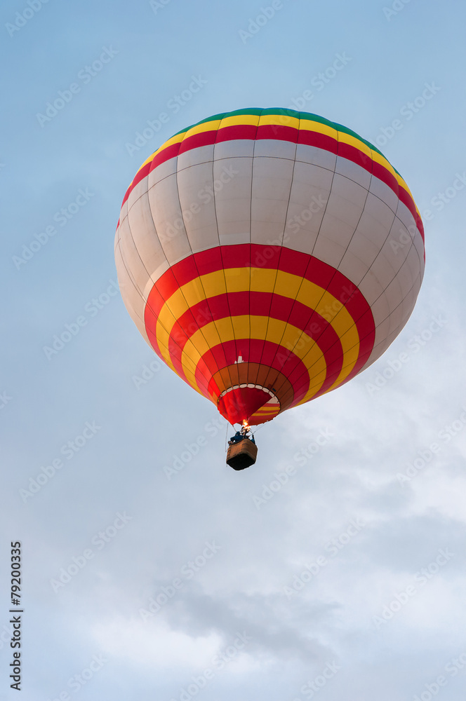 White Red Yellow Hot Air Balloons in Flight. Outdoor, Colorful White Red Yellow Hot Air Balloons in Flight. Outdoor, Colorful