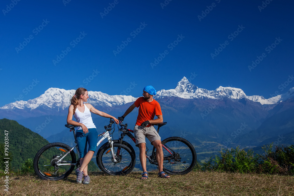 Biker family in Himalaya mountains, Anapurna region Biker family in Himalaya mountains, Anapurna region