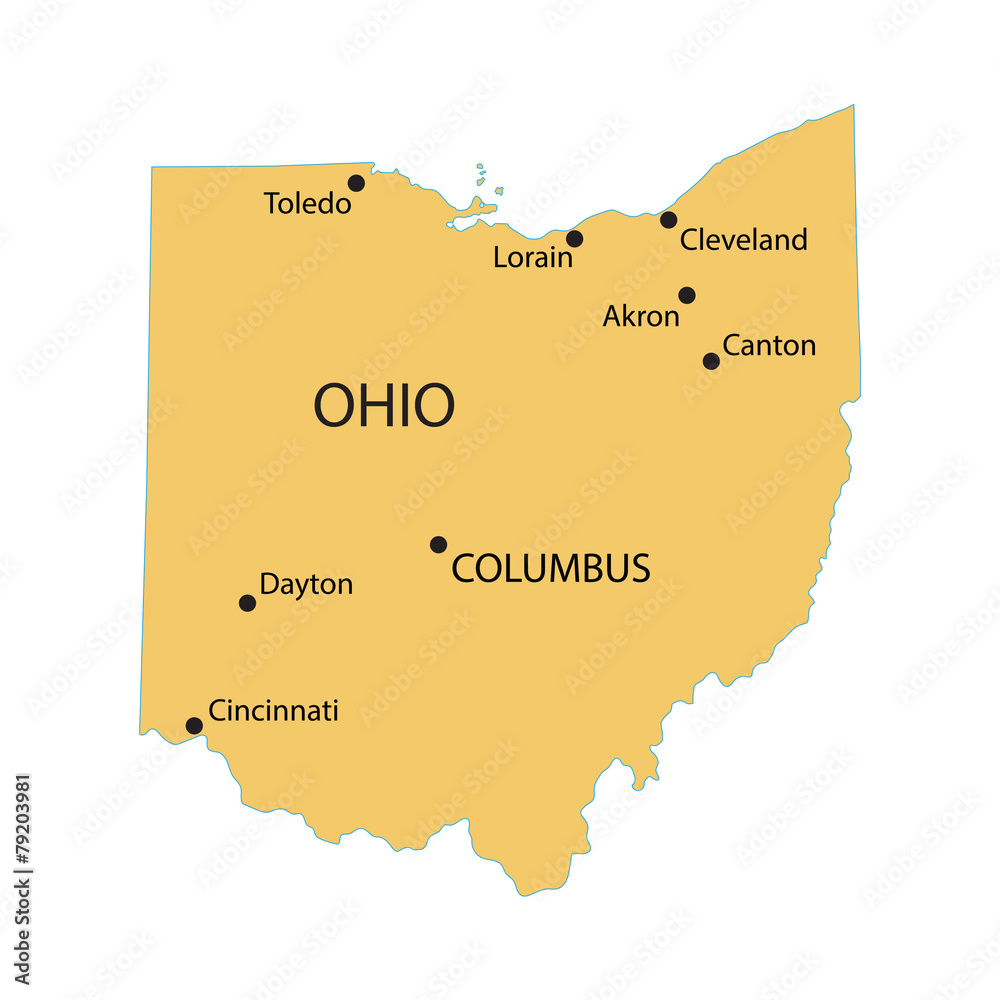 yellow map of Ohio with indication of largest cities Stock Vector