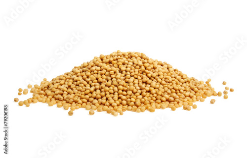 Yellow mustard seeds on a white background