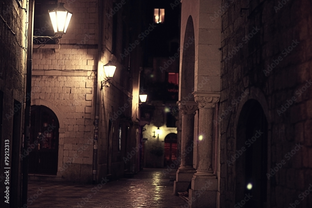 Night street in the old town stone fortress