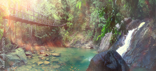 rope bridge over a river in the jungle #79212370
