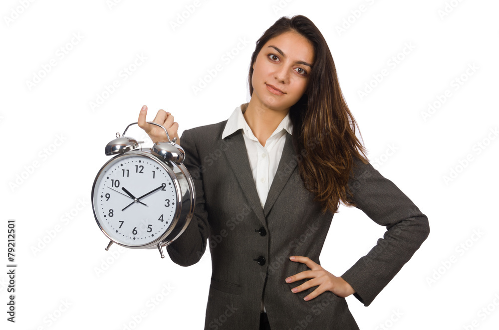 Businesswoman with clock missing her deadlines Businesswoman with clock missing her deadlines
