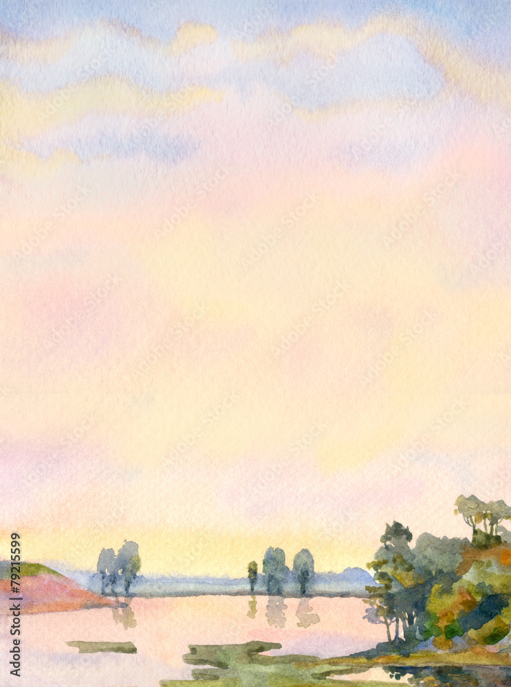 Naklejka premium Watercolor background with the landscape