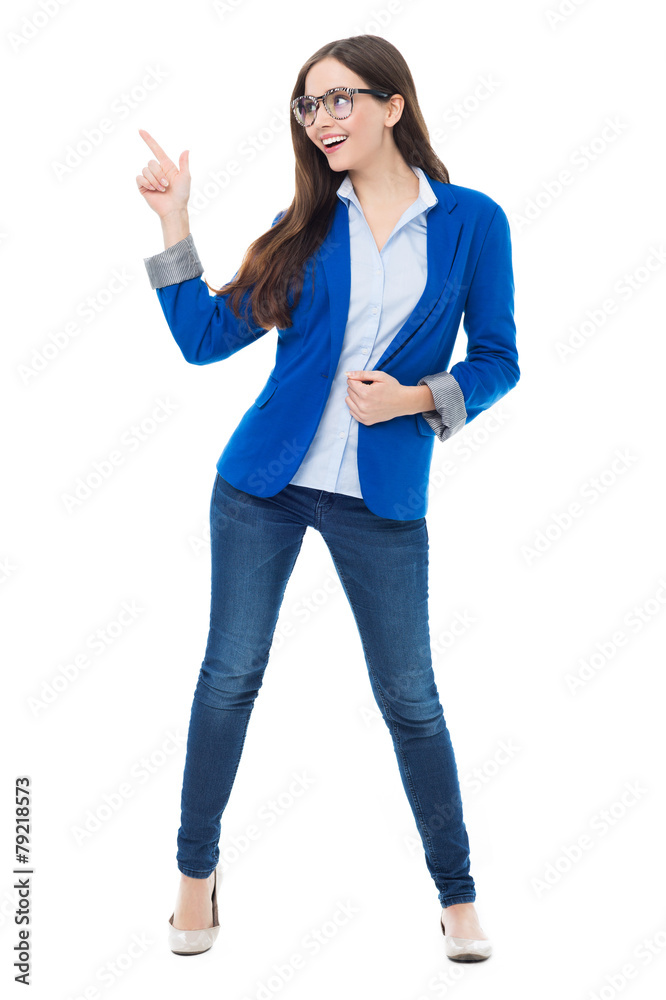 Attractive woman pointing up Attractive woman pointing up