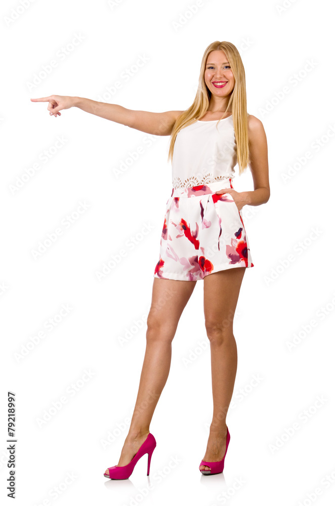 Woman pressing virtual button isolated on white