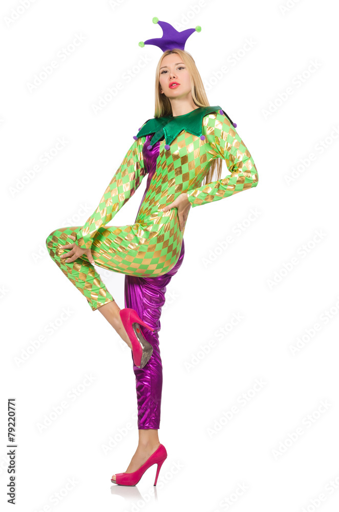 Woman wearing clown costume isolated on white Woman wearing clown costume isolated on white